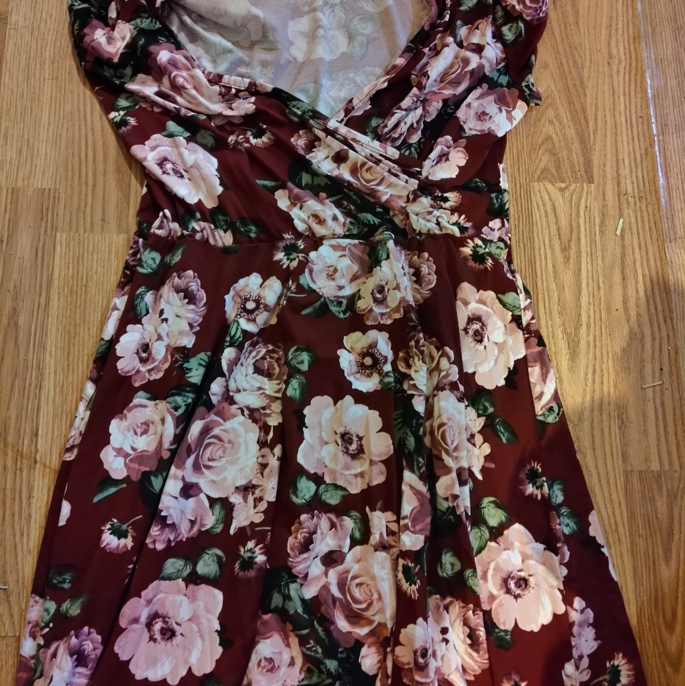 Burgundy floral faux wrap dress w/ cold shoulders